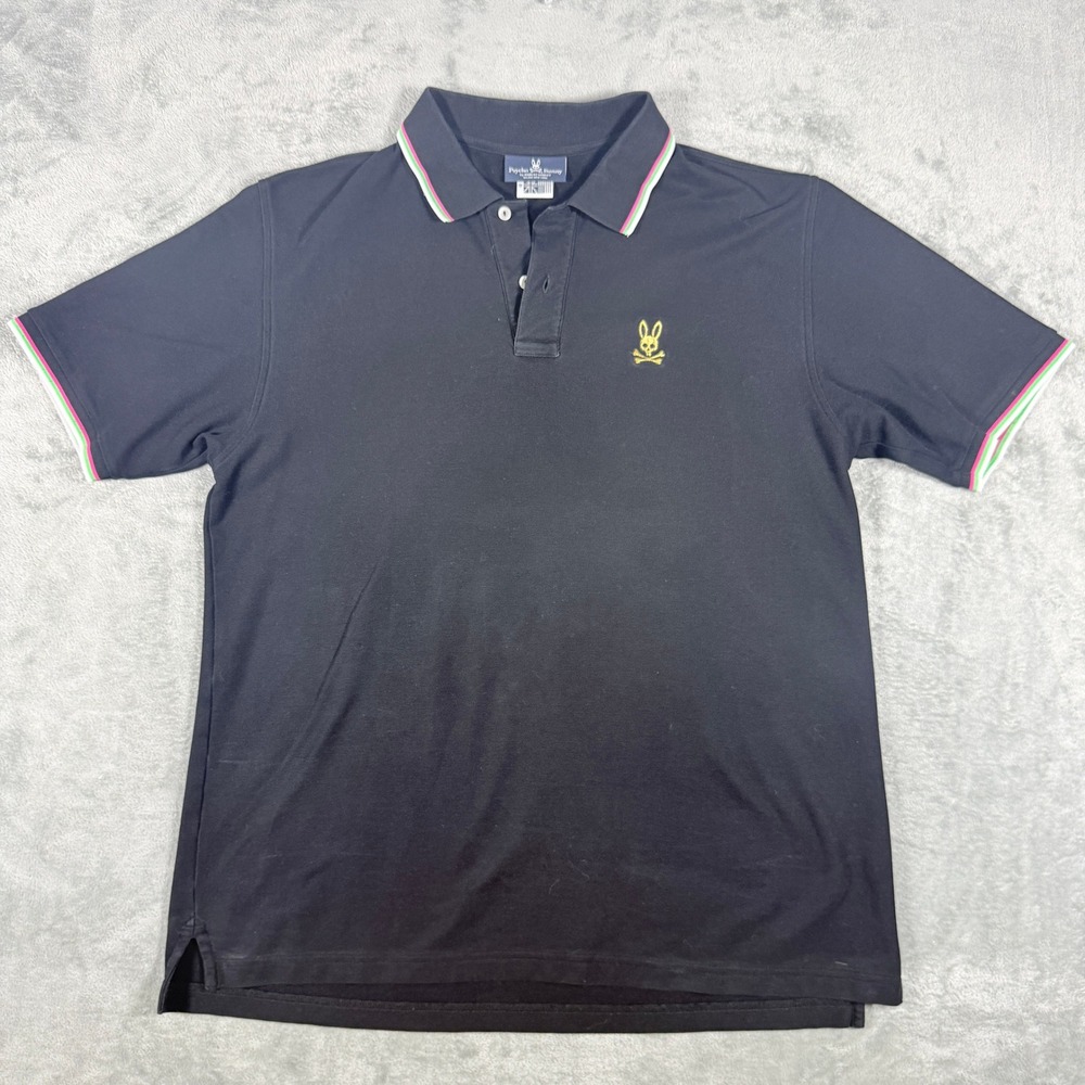 Psycho Bunny Mens 9 XL Polo Shirt Black Pima Cotton Yellow Logo Tipped Trim